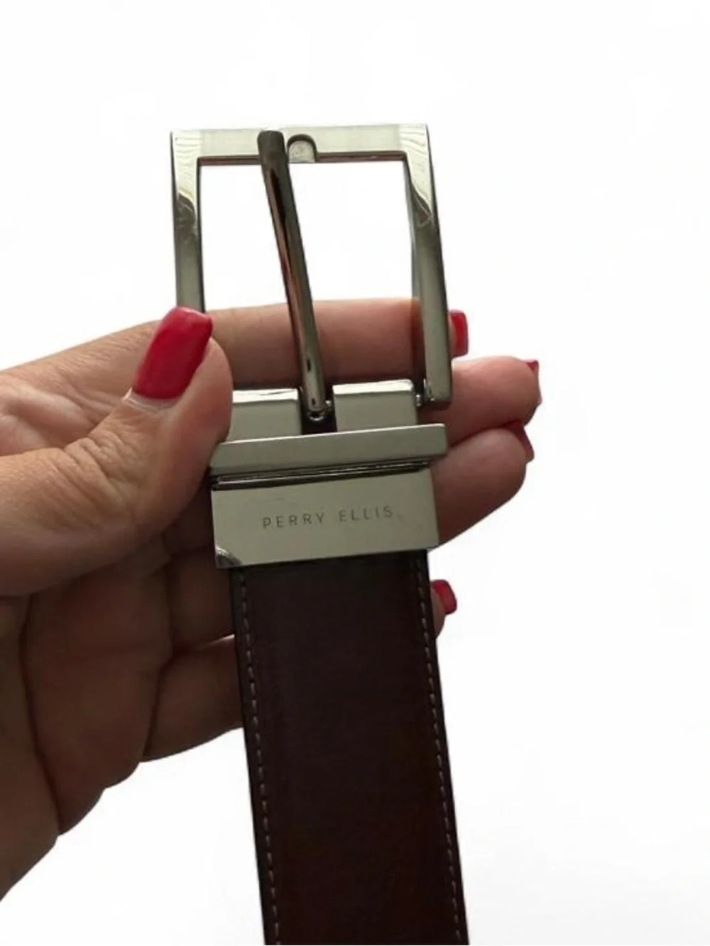 Perry Ellis Dark Brown Bonded Leather Dress Belt Men’s Size 38/95 Silver Buckle